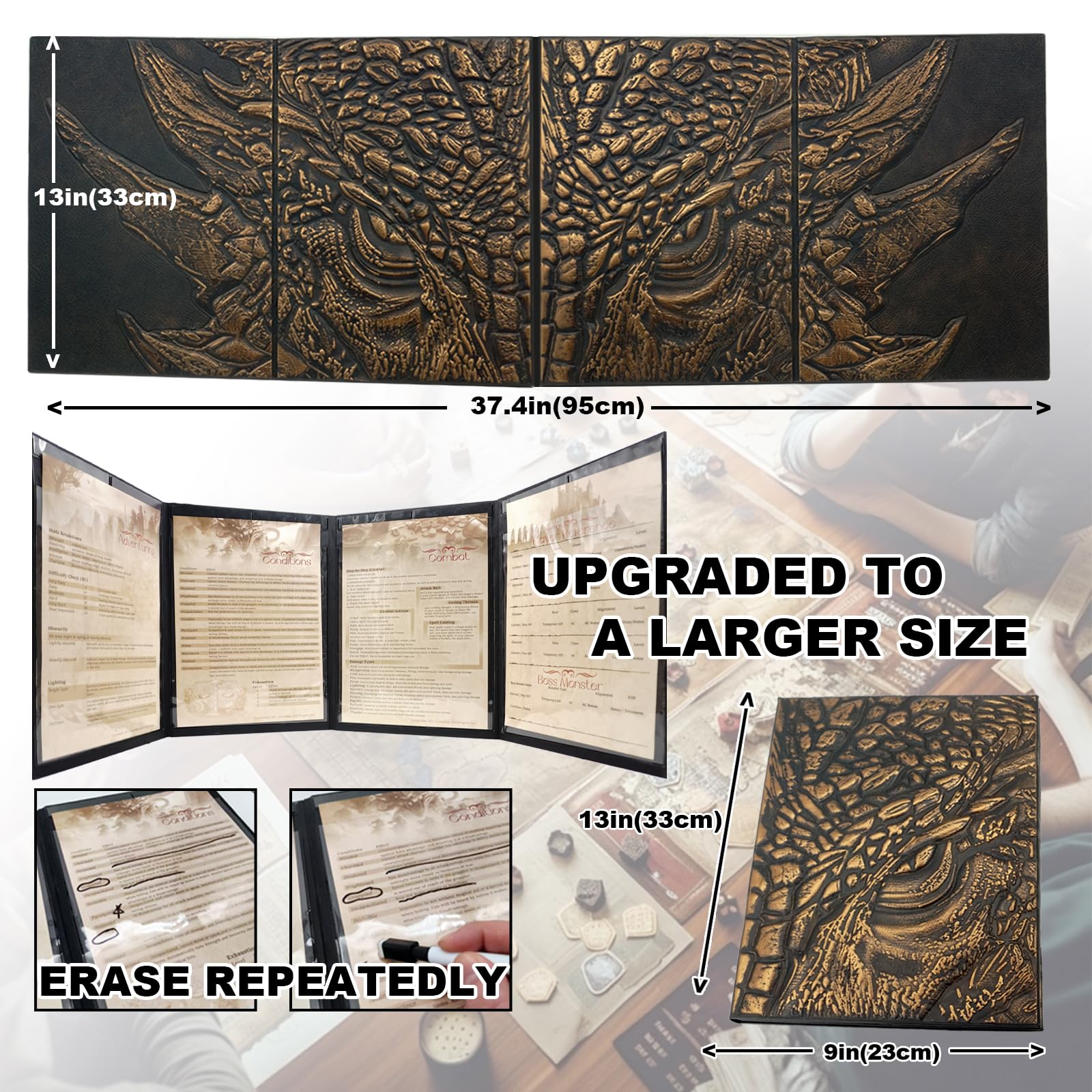oTTTPGo DND DM Screen 5e,Dungeon Master Screen for Dungeons and Dragons Gifts,4 Embossed Panels Total Width 37",Support 8.5x11 Print Paper - Image 2